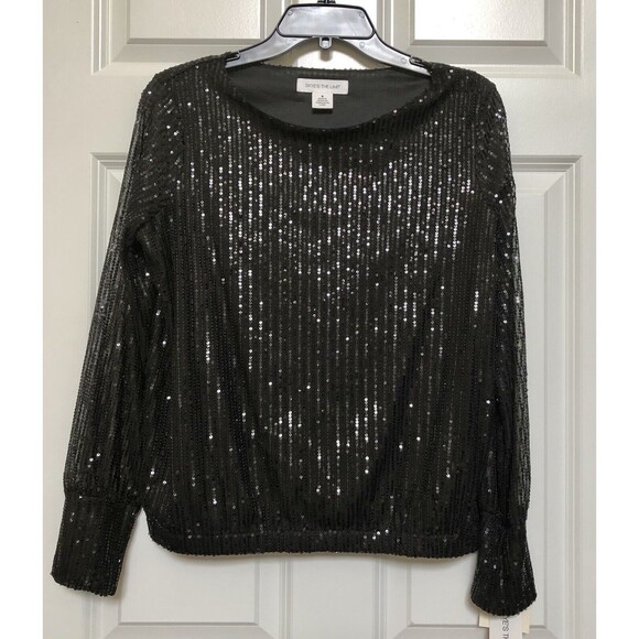 Skye's the Limit Top Size Small Sequin Black Long Sleeve Pullover Crew Neck - Picture 2 of 7
